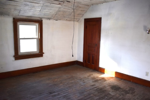 spare room featuring lofted ceiling and dark wood-type flooring