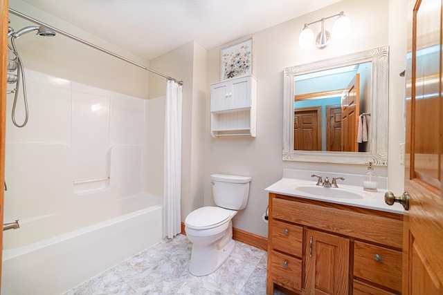 bathroom with shower / bath combination with curtain, toilet, vanity, and baseboards