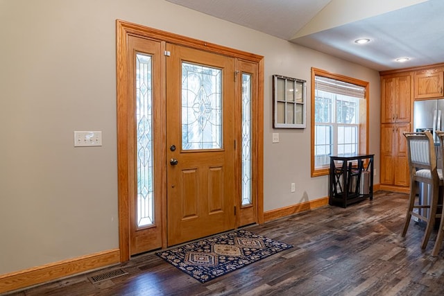 foyer with visible vents, baseboards, dark wood-type flooring, and a healthy amount of sunlight