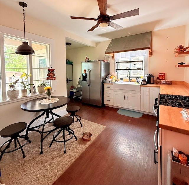 kitchen with appliances with stainless steel finishes, dark wood-style flooring, white cabinets, ceiling fan, and pendant lighting