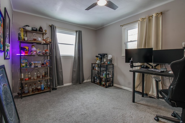 office area featuring carpet, ceiling fan, ornamental molding, and plenty of natural light
