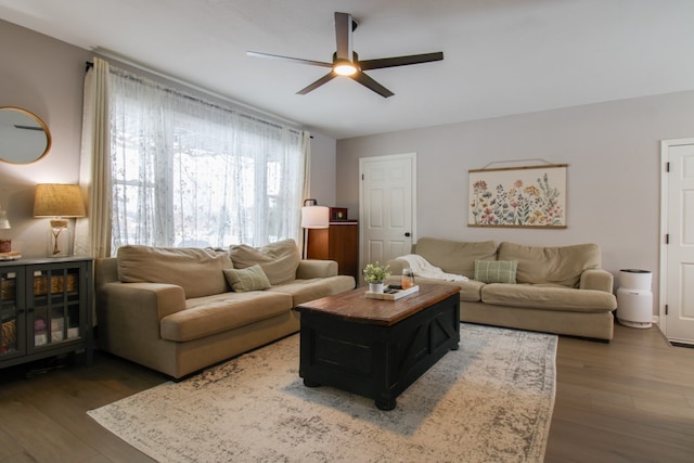 living room featuring a ceiling fan and wood finished floors