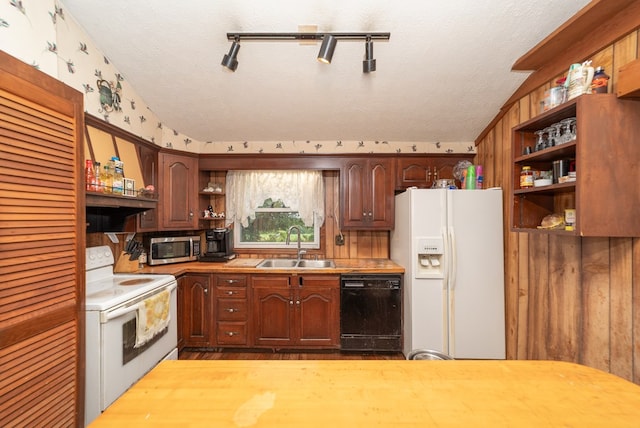 1163 Bowen Rd, Mansfield, OH 44903 - kitchen with white appliances, open shelves, wallpapered walls, a textured ceiling, and dark wood finished floors