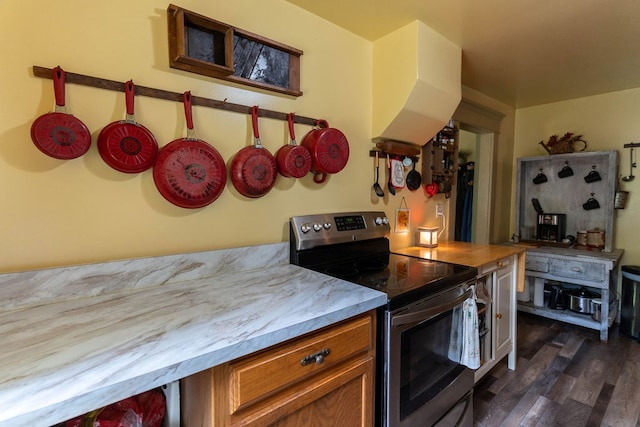 780 Pulver List Rd, Mansfield, OH 44905 - kitchen featuring stainless steel electric stove, brown cabinets, dark wood-style flooring, and light countertops