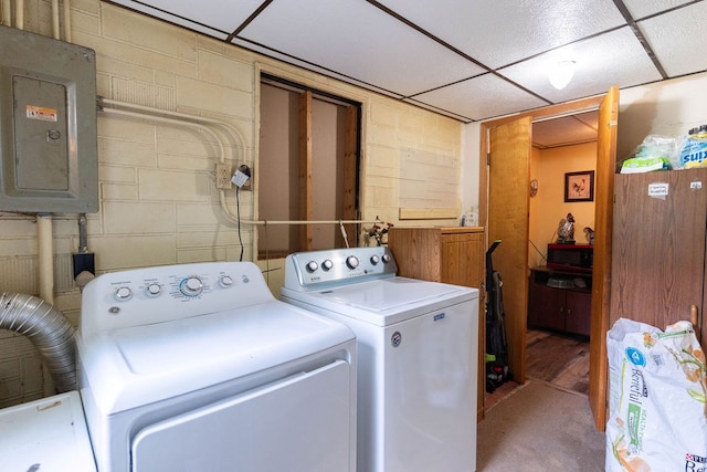 780 Pulver List Rd, Mansfield, OH 44905 - laundry room featuring electric panel, washer and dryer, and concrete block wall