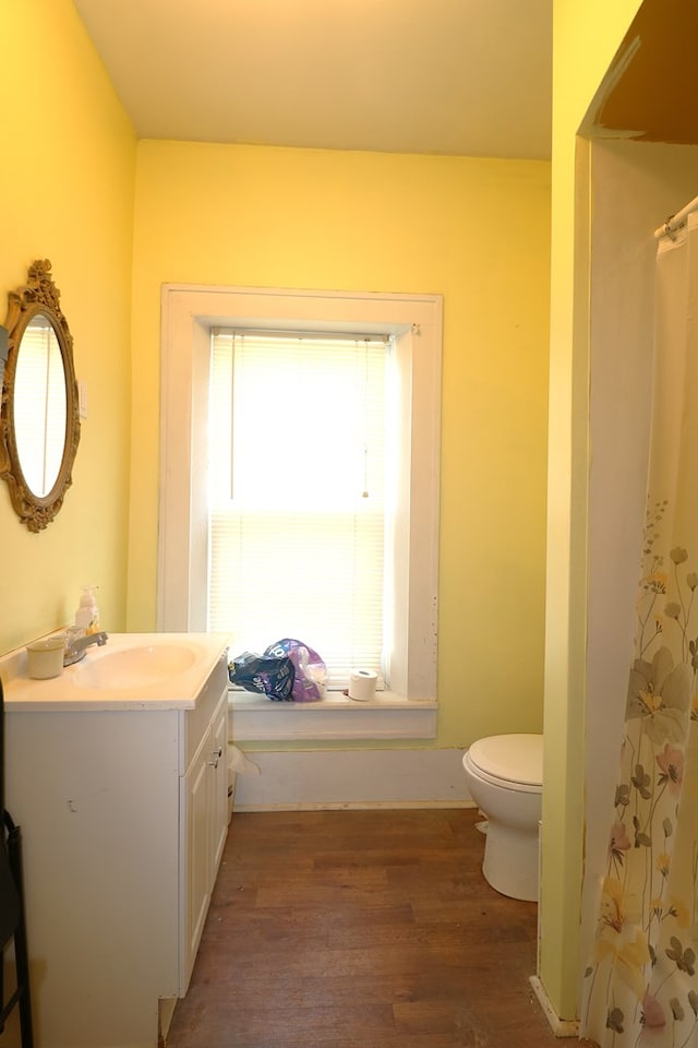 11914 State Route 269, Bellevue, OH 44811 - bathroom featuring wood finished floors, curtained shower, vanity, and toilet