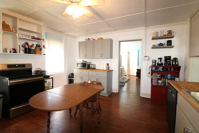 11914 State Route 269, Bellevue, OH 44811 - kitchen featuring open shelves, ceiling fan, butcher block counters, appliances with stainless steel finishes, and dark wood-style floors