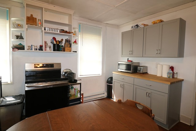 11914 State Route 269, Bellevue, OH 44811 - kitchen featuring a baseboard radiator, gray cabinetry, butcher block countertops, and appliances with stainless steel finishes
