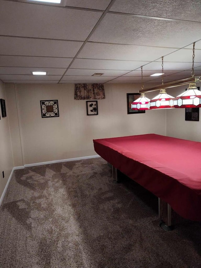 game room with carpet flooring, a paneled ceiling, baseboards, and pool table