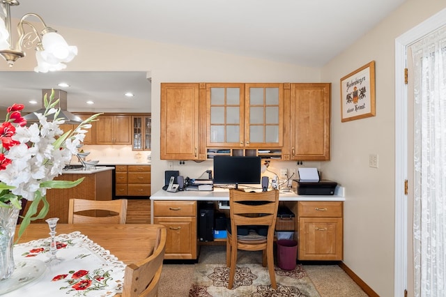 home office featuring built in desk, recessed lighting, baseboards, a chandelier, and vaulted ceiling