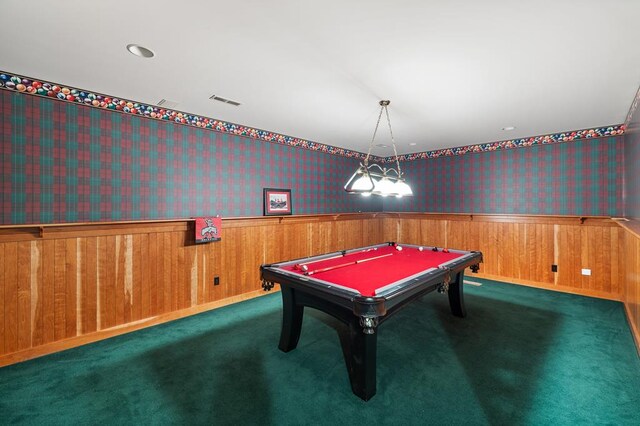 recreation room with carpet flooring, pool table, wallpapered walls, and wainscoting