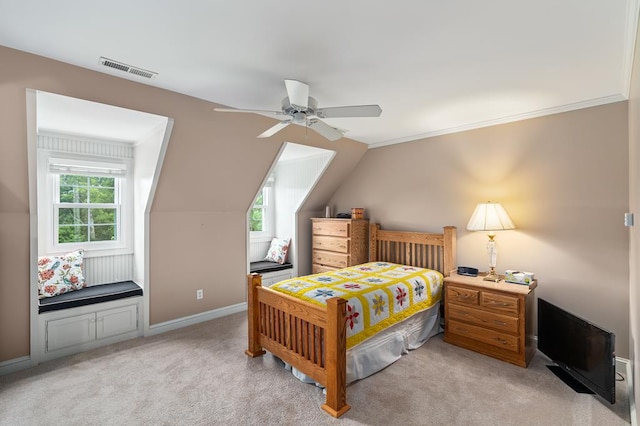 bedroom with visible vents, baseboards, a ceiling fan, light carpet, and lofted ceiling