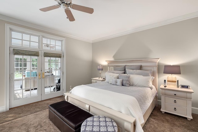 bedroom featuring crown molding, access to outside, a ceiling fan, dark carpet, and french doors