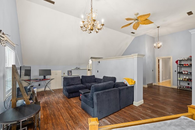living room with high vaulted ceiling, ceiling fan with notable chandelier, baseboards, and wood finished floors