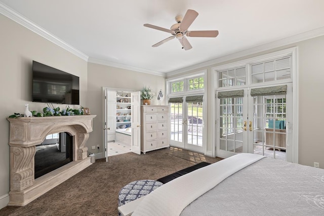 bedroom featuring carpet flooring, access to exterior, french doors, and crown molding