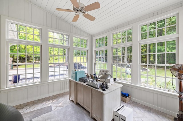 sunroom with vaulted ceiling, a healthy amount of sunlight, and wooden ceiling