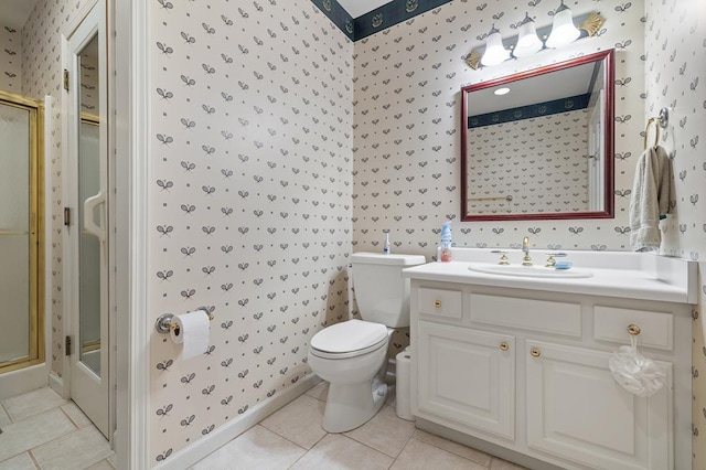 bathroom with a shower with shower door, wallpapered walls, toilet, and tile patterned flooring