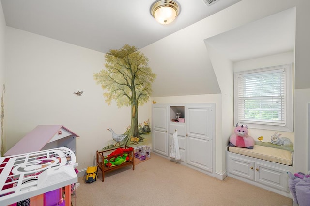 recreation room with light colored carpet and lofted ceiling
