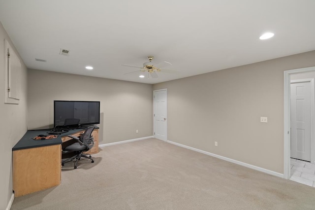 office space with ceiling fan, recessed lighting, light colored carpet, and visible vents