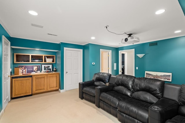living area with light colored carpet, visible vents, and ornamental molding