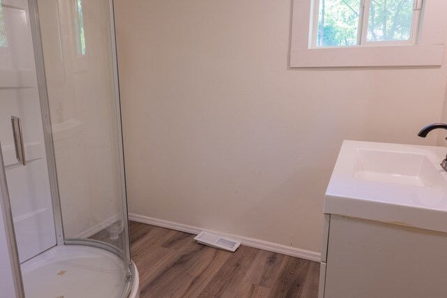 1676 Old Delaware Rd, Mount Vernon, OH 43050 - bathroom featuring a stall shower, vanity, and wood finished floors