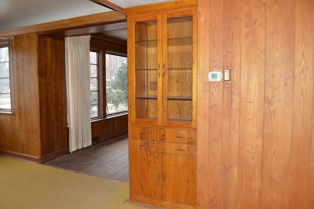 hallway featuring wood walls