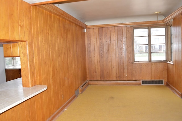 carpeted spare room featuring wood walls