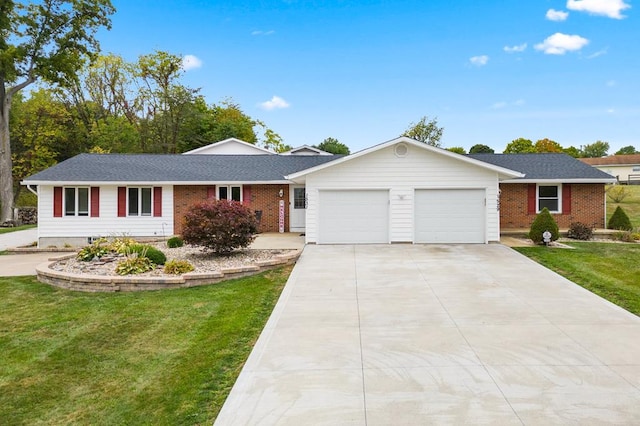 ranch-style home featuring a garage and a front lawn