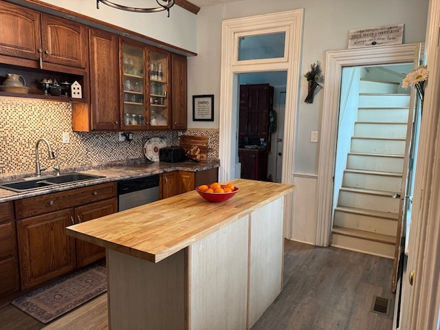 796 US Highway 224, Willard, OH 44890 - kitchen with tasteful backsplash, butcher block countertops, dark wood-type flooring, and a sink