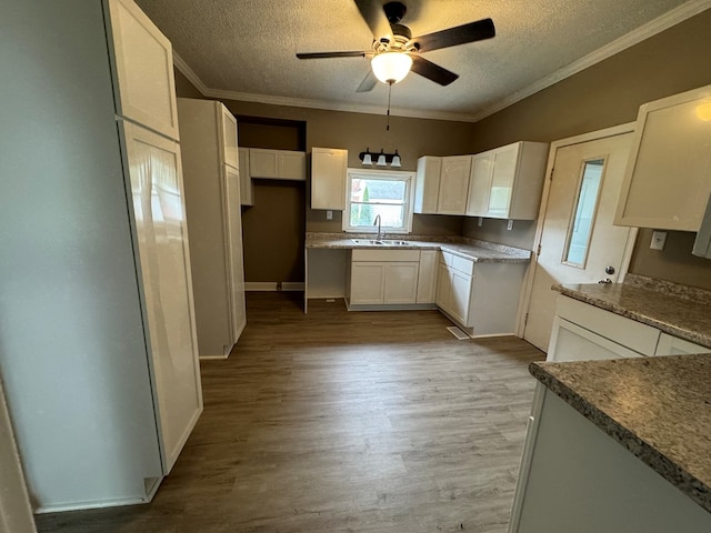 kitchen featuring a textured ceiling, ceiling fan, white cabinets, and sink