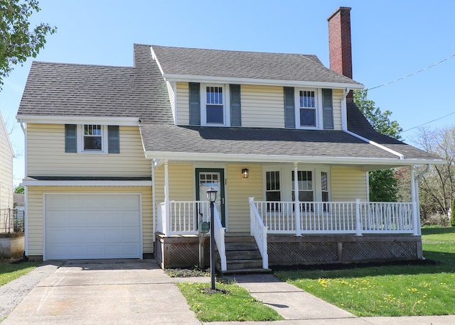view of front facade with a porch, an attached garage, a chimney, and a shingled roof