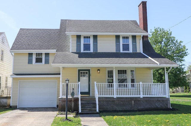 view of front of house with a porch, driveway, a chimney, a garage, and a shingled roof