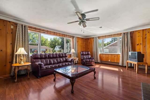 living room with ceiling fan, hardwood / wood-style floors, and a baseboard radiator