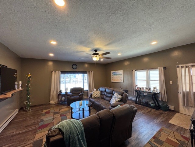 living area featuring wood finished floors, a wealth of natural light, and a baseboard radiator