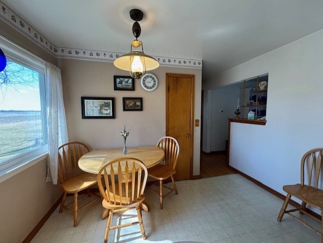 dining room featuring baseboards and light floors