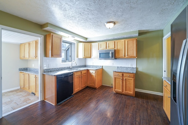 kitchen featuring dark wood finished floors, decorative backsplash, black dishwasher, stainless steel microwave, and refrigerator with ice dispenser