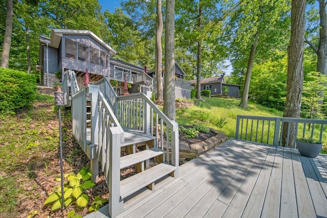 7326 State Route 19 Unit 27-30, Mount Gilead, OH 43338 - wooden deck featuring stairway, a yard, and a sunroom
