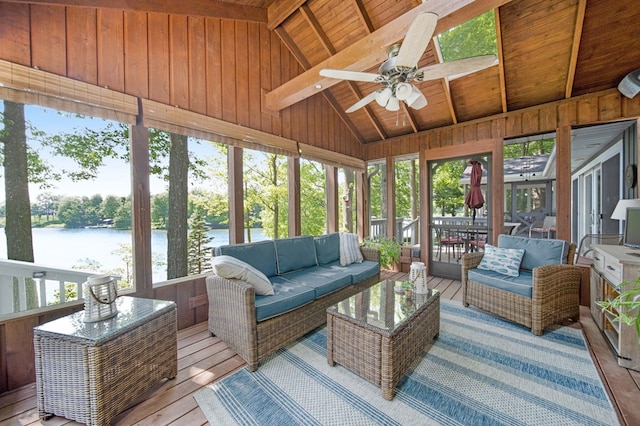 7326 State Route 19 Unit 27-30, Mount Gilead, OH 43338 - sunroom featuring a water view, outdoor lounge area, a ceiling fan, and plenty of natural light