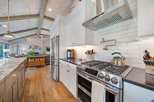 7326 State Route 19 Unit 27-30, Mount Gilead, OH 43338 - kitchen featuring wall chimney exhaust hood, appliances with stainless steel finishes, light wood-type flooring, white cabinets, and wood ceiling