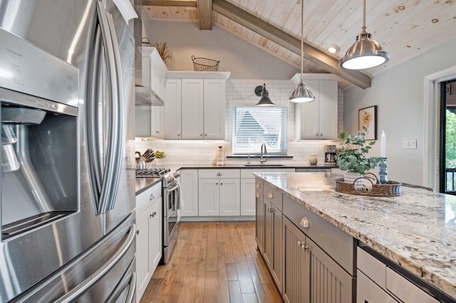 7326 State Route 19 Unit 27-30, Mount Gilead, OH 43338 - kitchen featuring stainless steel appliances, wooden ceiling, light wood-style flooring, tasteful backsplash, and pendant lighting
