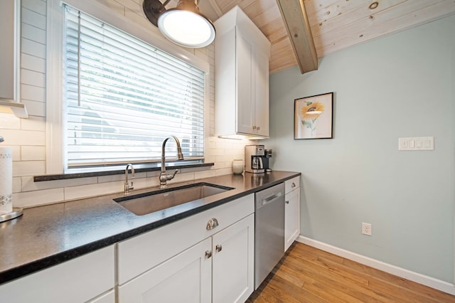 7326 State Route 19 Unit 27-30, Mount Gilead, OH 43338 - kitchen featuring stainless steel dishwasher, a wood ceiling with exposed beams, dark countertops, decorative backsplash, and light wood-style flooring