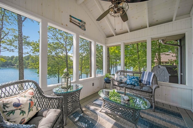 7326 State Route 19 Unit 27-30, Mount Gilead, OH 43338 - sunroom featuring a water view, ceiling fan, and outdoor lounge area