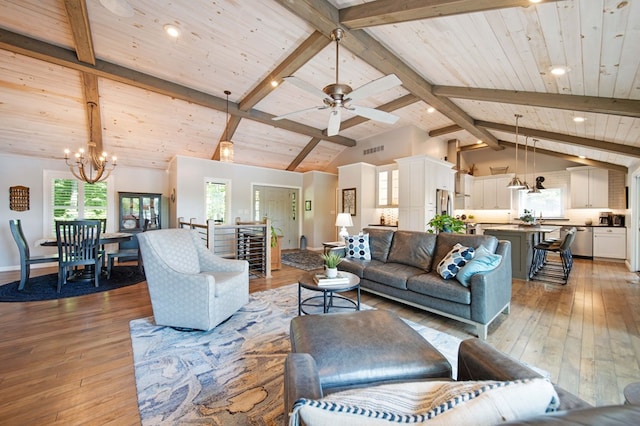 7326 State Route 19 Unit 27-30, Mount Gilead, OH 43338 - living area featuring a chandelier, wood ceiling, light wood-style floors, a ceiling fan, and recessed lighting