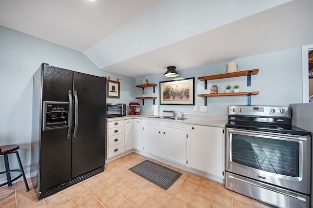 7326 State Route 19 Unit 27-30, Mount Gilead, OH 43338 - kitchen with black refrigerator with ice dispenser, electric stove, open shelves, light countertops, and lofted ceiling