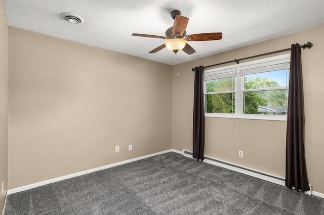 828 Longmeadow Ln, Findlay, OH 45840 - unfurnished room featuring dark colored carpet, a ceiling fan, a baseboard heating unit, baseboards, and a textured ceiling