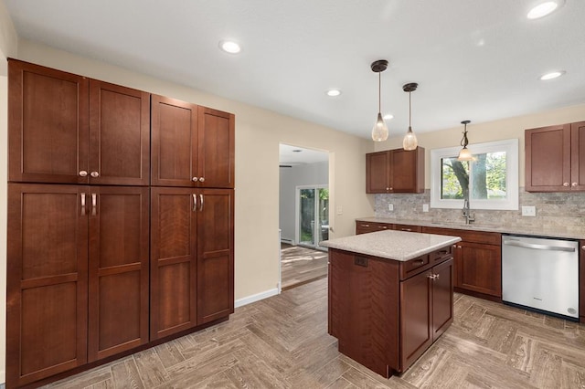 828 Longmeadow Ln, Findlay, OH 45840 - kitchen featuring dishwasher, a center island, recessed lighting, decorative backsplash, and decorative light fixtures