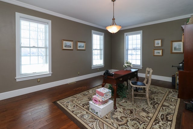home office with dark wood finished floors, baseboards, and crown molding