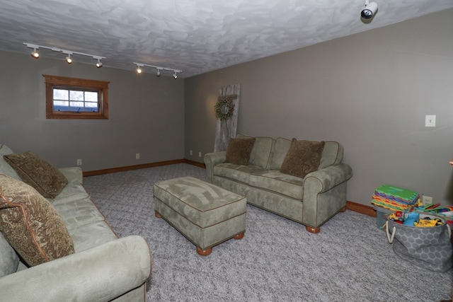 living area with baseboards, rail lighting, and carpet
