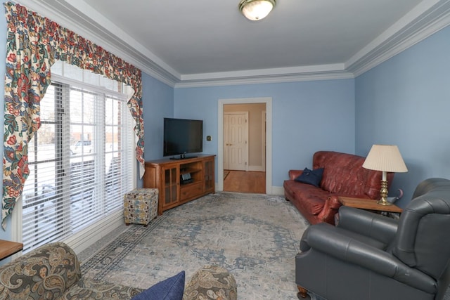 living area featuring wood finished floors, baseboards, and ornamental molding