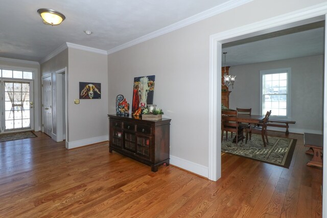 entryway featuring wood finished floors, a notable chandelier, baseboards, and plenty of natural light